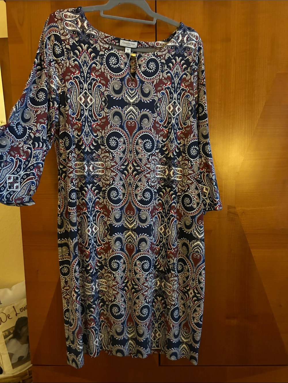 Charter Club Navy and Burgundy Paisley Long-Sleeve Dress